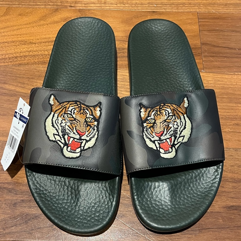 Men’s Polo Ralph Lauren Olive Green Camo Tiger Head Slides Sandals